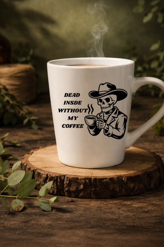 Dead Inside Without My Coffee Mug with cowboy skeleton design