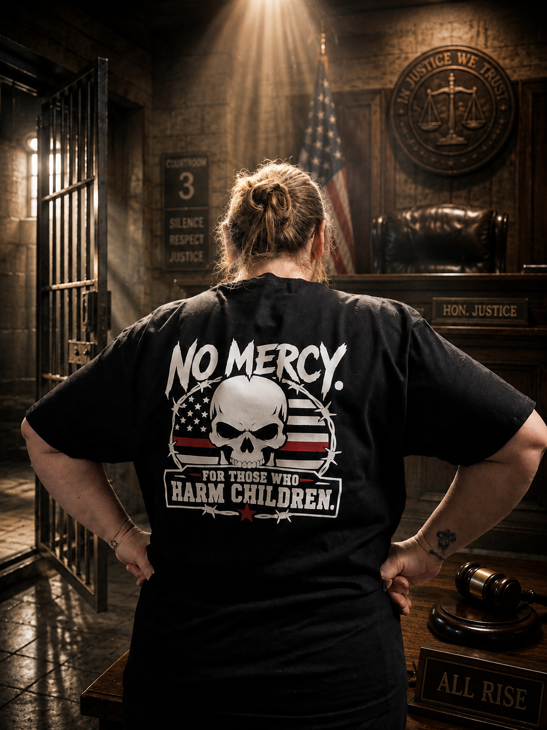 No Mercy tee back graphic on model in street setting
