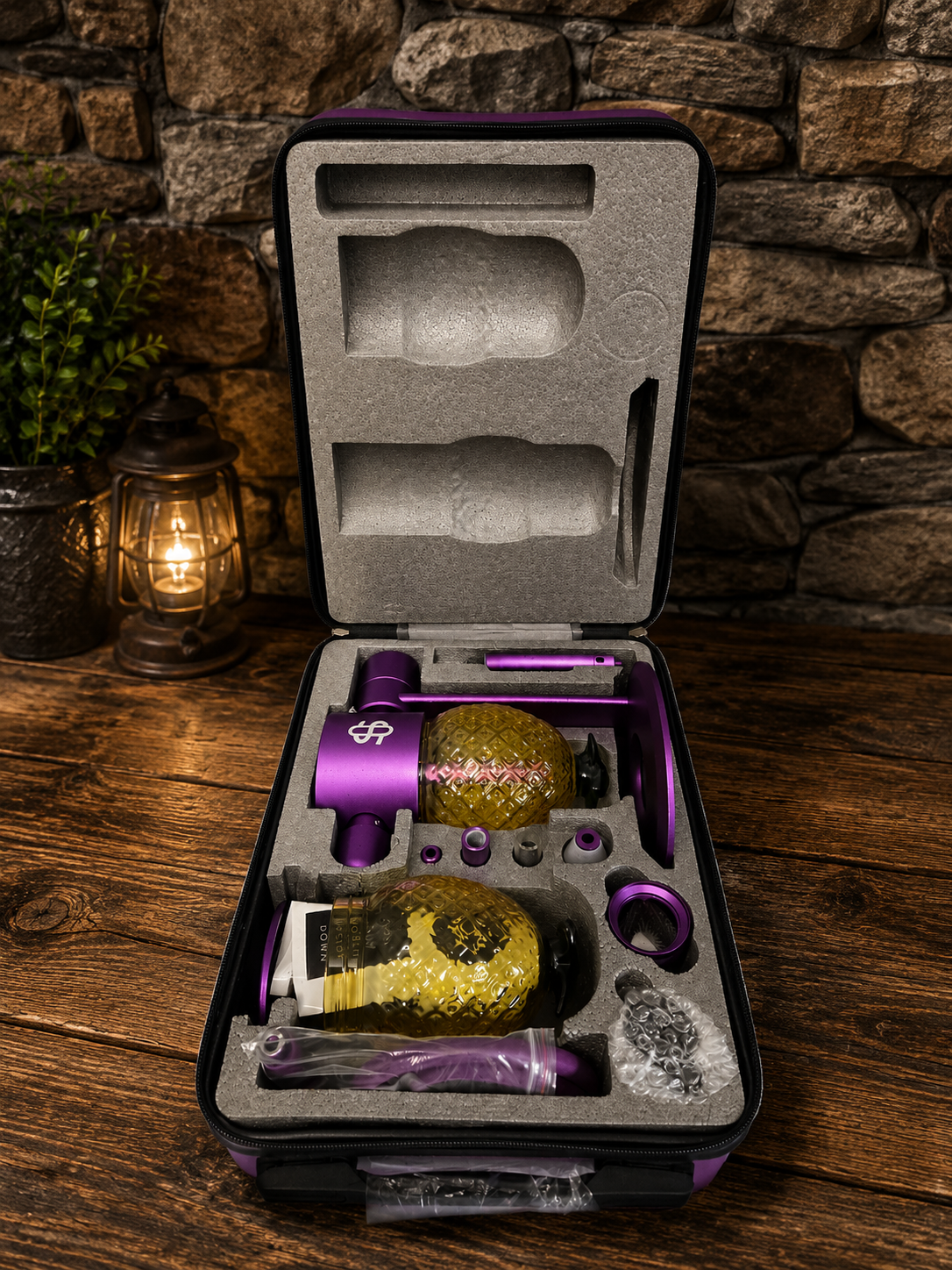 Purple Stündenglass Pineapple Hookah Complete Set with Everything + CarryingCase - Cookies Edition