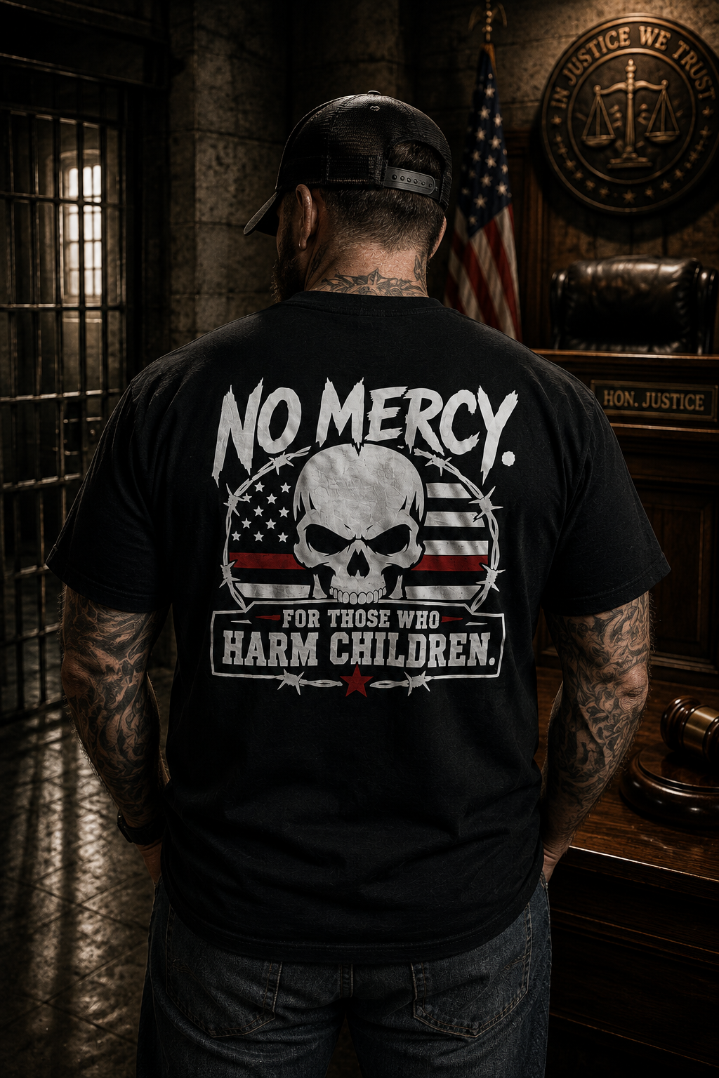No Mercy tee back graphic on female model in courtroom